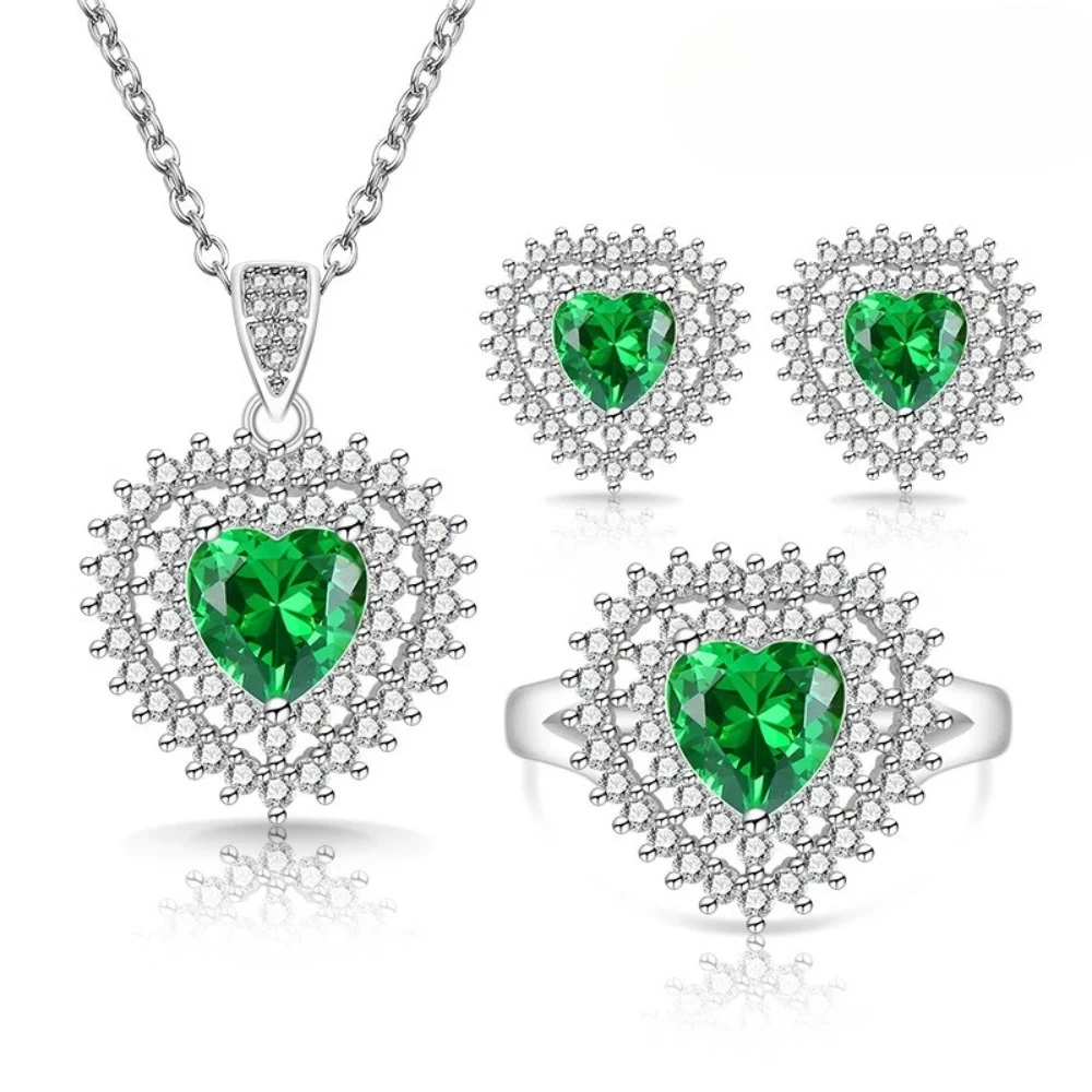 Luxury925 Sterling Silver Heart-shaped Zirconium Stone Women's Set - Versatile Ring, Earrings, Necklace - Jewelry Item
