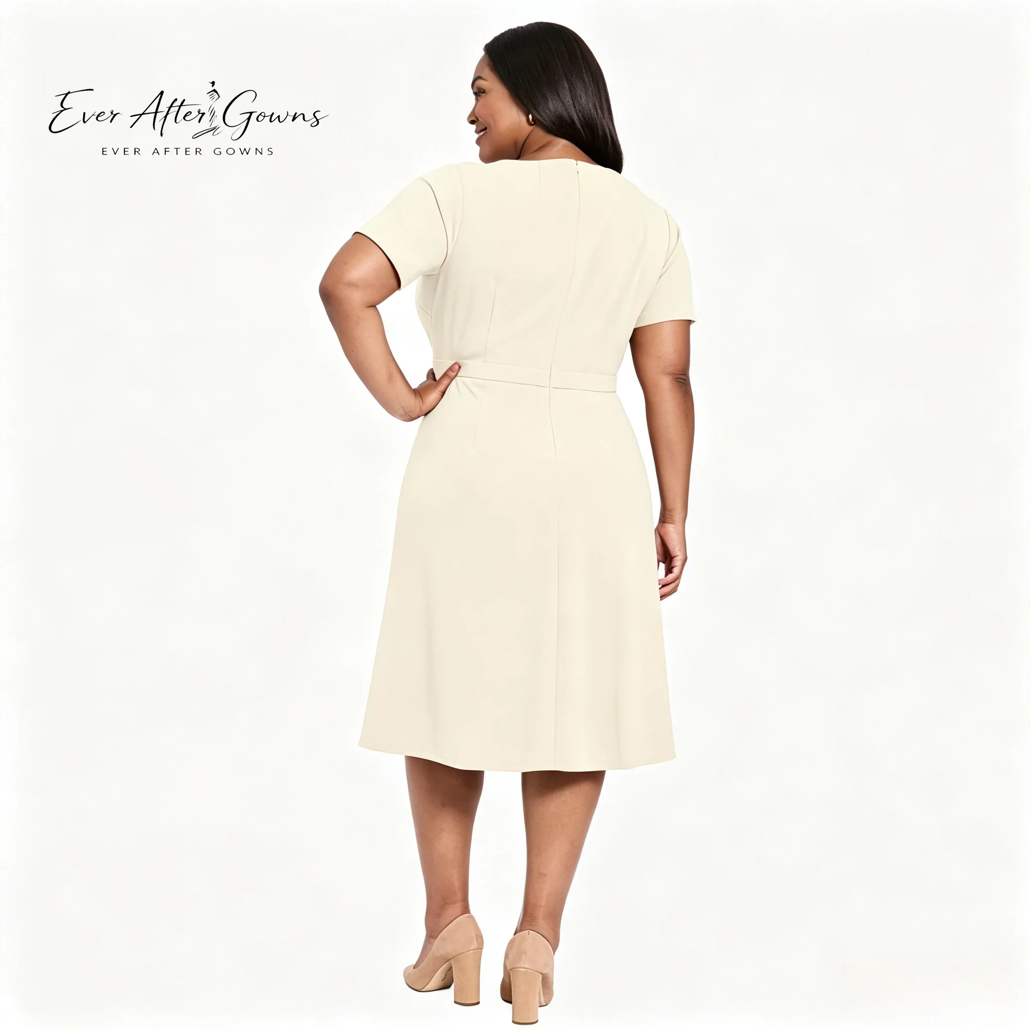 Ever After Gowns Custom Cream Plus Size Twist Neck Short Sleeve A Line Midi Dress Formal Mother of Bride Party Dress
