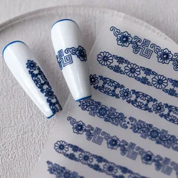 1 Sheet 5D Realistic Relief Beauty Blue Floral Stripes Pattern On Porcelain Adhesive Nail Art Stickers Decals Manicure Ornaments