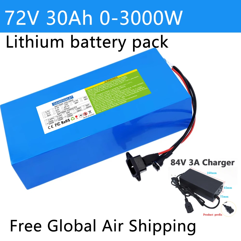 72V 12Ah-30Ah 18650 Battery pack 50A BMS Triangle DC plug 3000W High Power motor For Electric motorcycle Tricycle Scooter