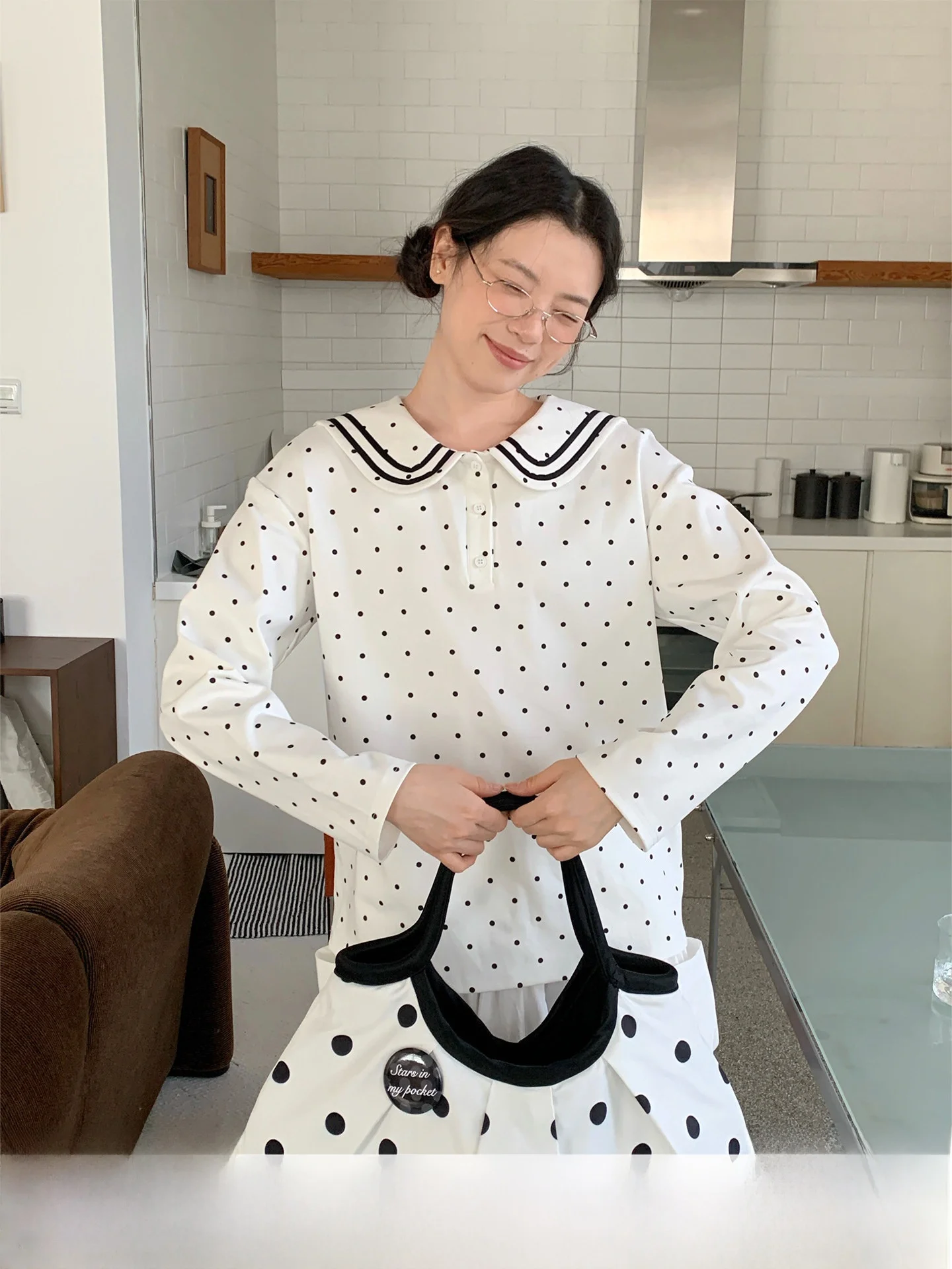 

Женская рубашка SOOMIE Miu в горошек с матросским воротником и длинными рукавами, осенняя, приталенная, универсальная, милая, в корейском стиле, повседневная, маленькая рубашка