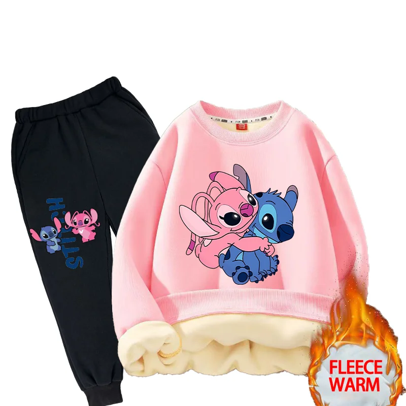 2pcs Kawaii Stitch Clothes for Girls Casual Long-sleeves Thick Sweatshirt and Long Pants Sets Autumn Winter Style Suits Clothing