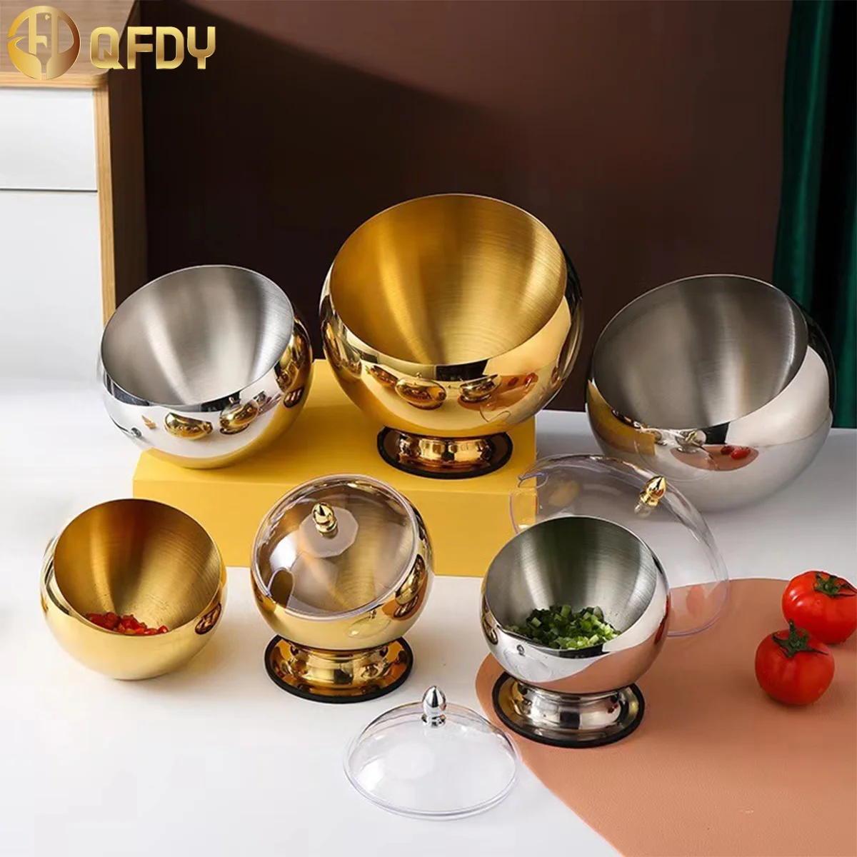 

Buffet hot pot seasoning pot Commercial spherical seasoning bowl Cup Stainless steel beveled bowl with lid sauce bowl