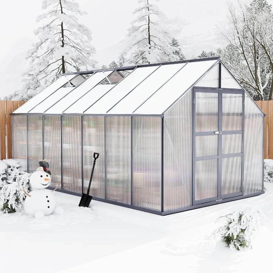 

8×14FT Polycarbonate Greenhouse for Outdoors Large Walk in Green House Kit and Winter Garden Planting Enhanced Aluminum Green H