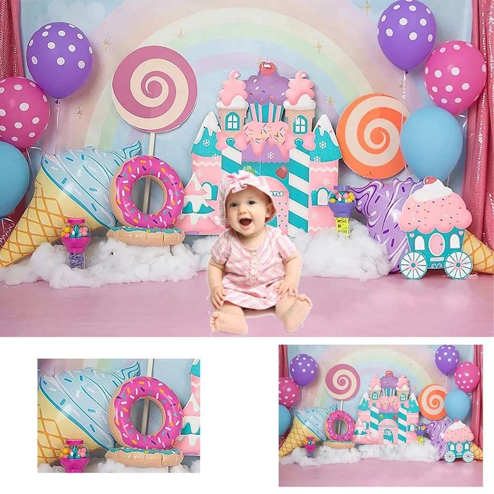 

Girl 1st Birthday Photography Background Sweet Ice Cream Lollipop Castle Balloon Cake Smash Decor Backdrop for Photo Shoot Props