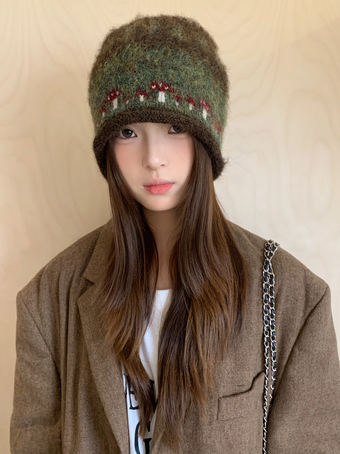Women Winter Pile Knitted Beanie Hat Retro Fair Isle Cuffed Cold Cap Warm Soft Head Cover Hat For Daily Outdoor Skiing Wear