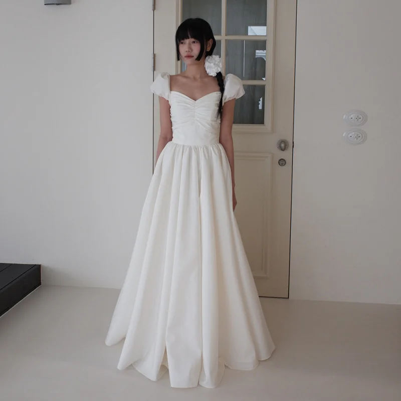 

Sweet Light Wedding Dress Princess Puff Sleeve Outdoor Dress Petite Simple Travel Photography Engagement White Dress Lawn Main W