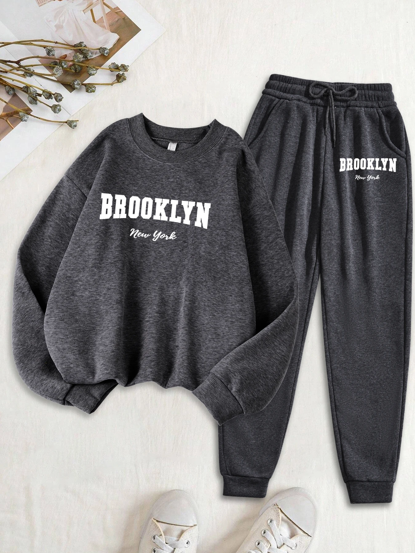 Brooklun New York Lettera Stampa Felpa da donna Set Autunno Vestiti in pile Set da 2 pezzi O-Collo Tuta casual Pantaloni da jogging di moda