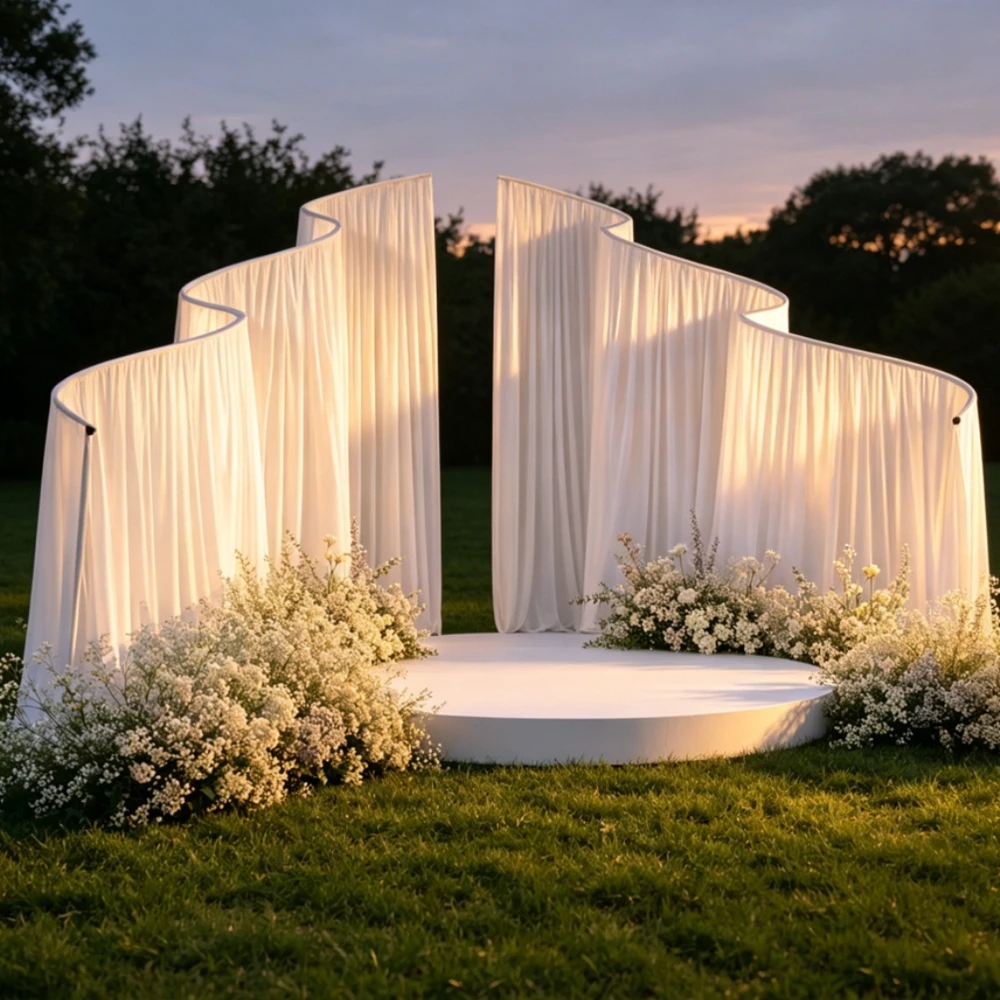 

Customized Giant Background Wedding Props S Shape White Metal Wave Frame Fabric Arch Ivory Drapery Backdrop Stand