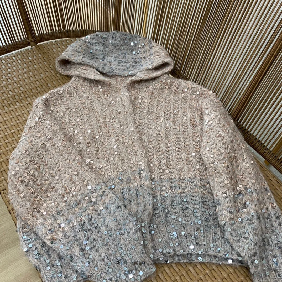 Autumn Winter B*C Women Sequin Cardigan Gradient Long Sleeve Vintage Female Knitted Sweater