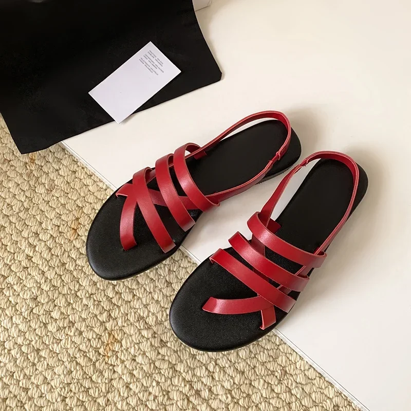 

Women Summer Shoes Narrow Band Handmade Casual Sandals Beach Shoes Flat Heels Fashion Ladies Concise Sandals Red Black Shoes