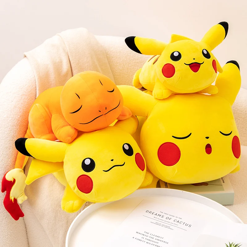 

TAKARA TOMY Original Pokemon Pikachu Plush Toy Stuffed Anime Throw Pillow Sleeping Charmander Lying Psyduck Plushies Xmas Gifts