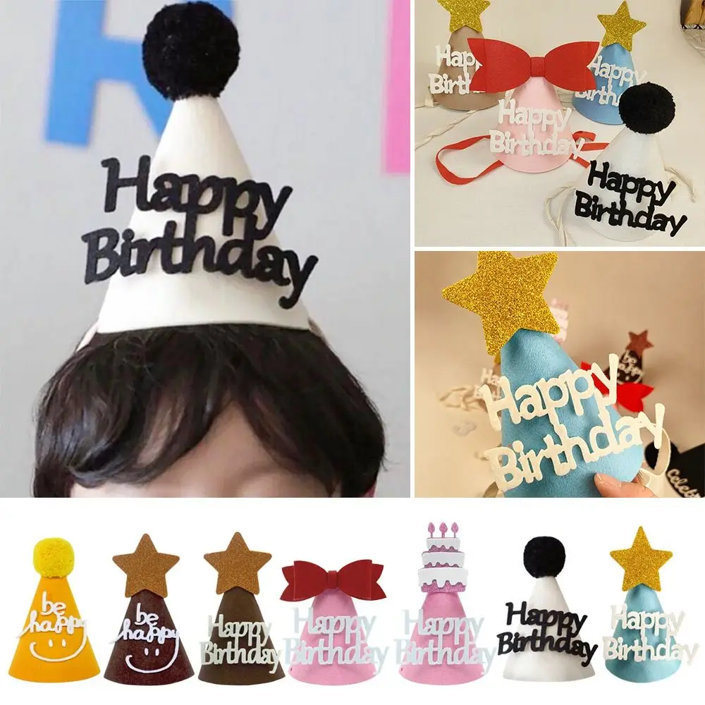 

Cute Happy Birthday Headwear Bowknot Cone Headband Cake ornament Birthday Crown Hats for Adult Kids Photo Prop Party Decor Cap