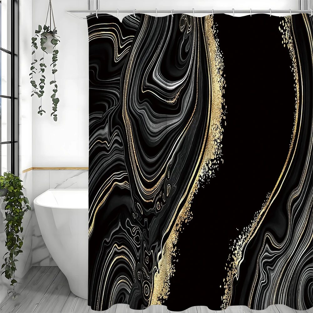 

Luxury Abstract Background Liquid Black and Gold Marble Texture Shower Curtain, Bathroom Decorative Shower Curtain, Waterproof S