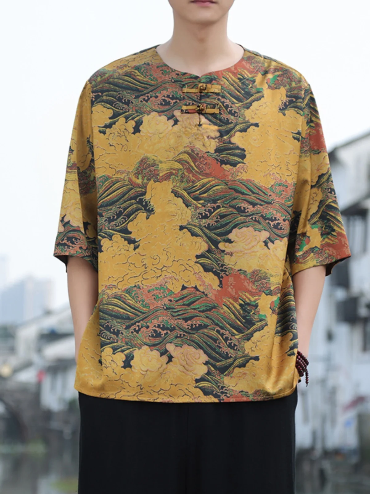 

Мужская летняя тонкая футболка из ледяного шелка с коротким рукавом, новая, в китайском стиле, ретро, с национальным узором, круглый вырез, охлаждающая на ощупь