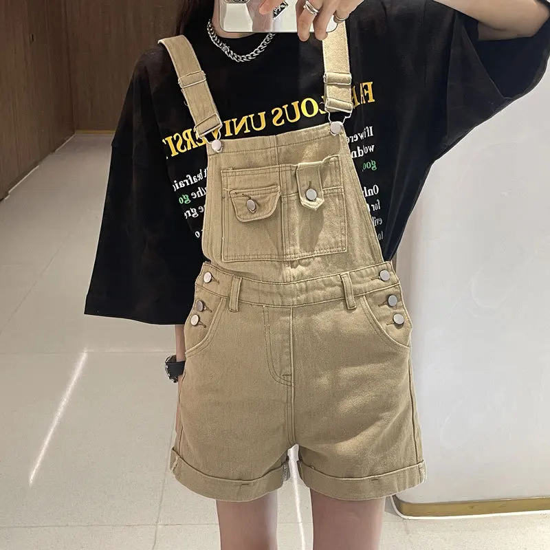 Khaki Workwear Denim Shorts Women's High Waist Wide Leg Cuffed Straight Cut Hot Pants Fashionable Minimalist Trousers