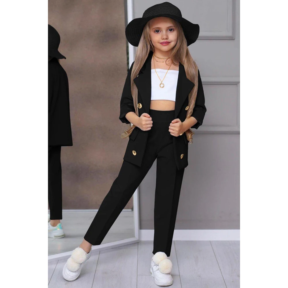 Elegant Solid Suit for Girls Fashion Notch Lapel Double Breasted Child Sets Casual Formal Party Wedding Girls Suit 2 Piece