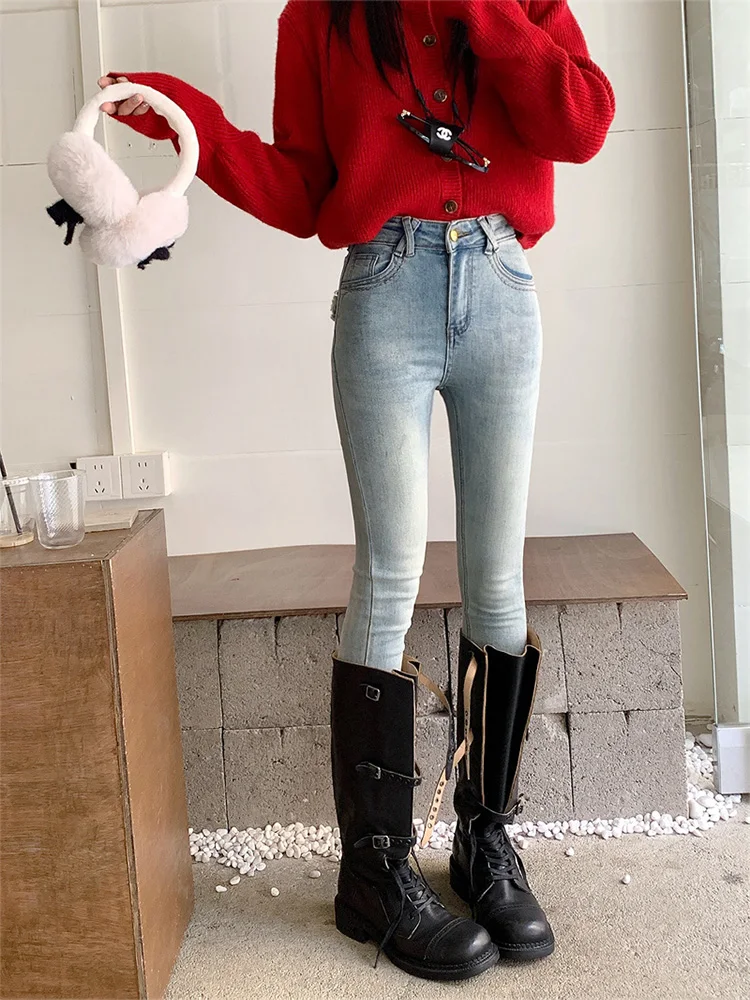 

Американские джинсы скинни с высокой талией для женщин, новые зимние джинсы-карандаш, утягивающие леггинсы, рваные джинсы с низкой талией