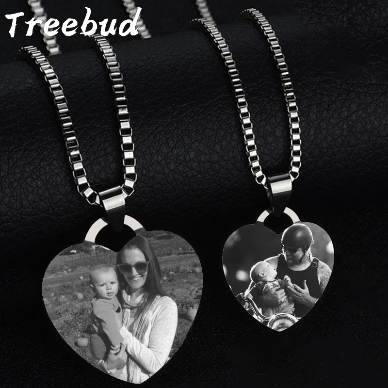 

Treebud Custom Photo Heart Pendant Necklace Stainless Steel Laser Engraved Picture Text Necklaces Mom Dad Gifts Family Jewelry