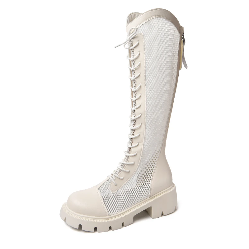 

Женские летние сапоги до колена в сетку, женские дышащие сетчатые рыцарские сапоги на платформе со шнуровкой, длинные рыцарские сапоги на толстом каблуке