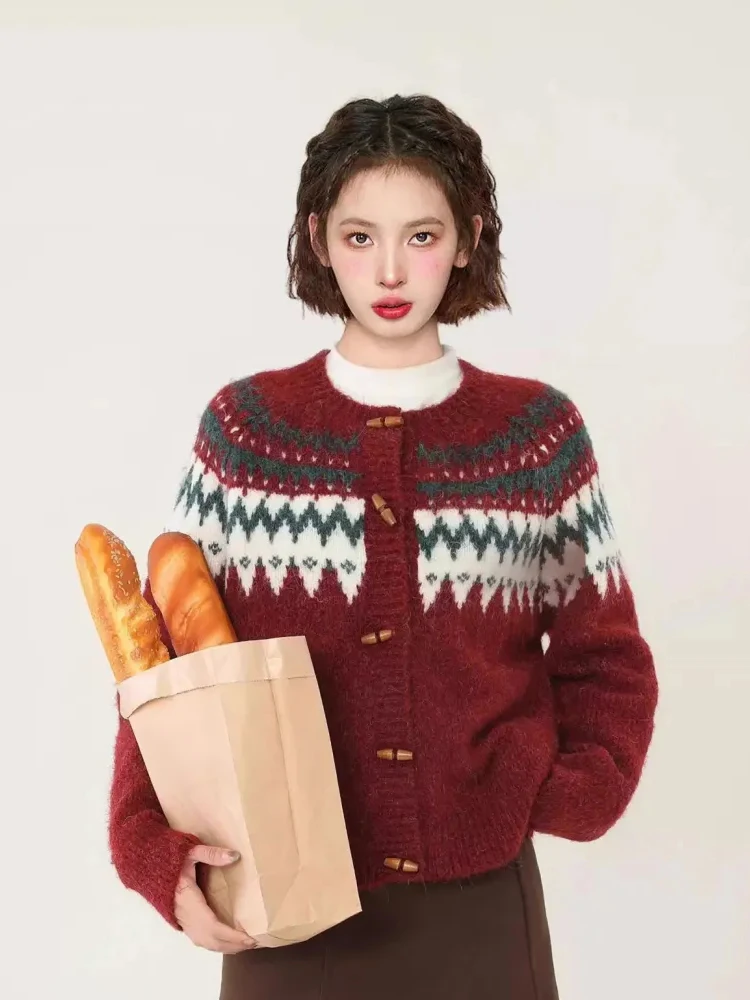 

Рождественский красный сладкий кардиган с принтом, женский винтажный американский вязаный свитер с круглым вырезом в стиле Харадзюку, повседневные женские топы в стиле ретро с ленивым ветром, новинка