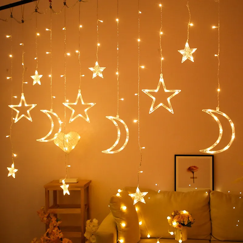 Criativo 3.5M LED Star Moon Curtain Lights 8 Modes Natal Garland Fairy Lights para Quarto Wedding Party Decoração de Ano Novo