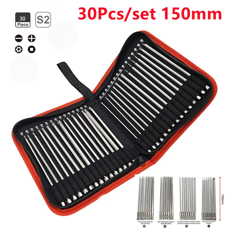 

30Pcs/set 150mm Extra-long Electric Batch Head Batch Tip Set Strong Magnetic S2 Screwdriver Bit Set with Cloth Pouch Packaging