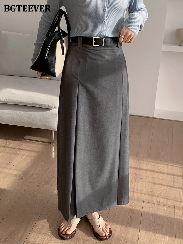 

BGTEEVER Stylish High Waist Ladies Straight Skirts Spring Summer Loose Elegant Long Pleated Women Skirts