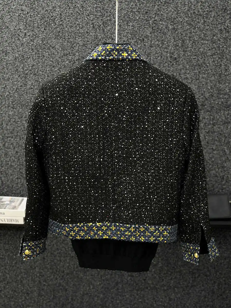 Men's Fashion Sequin Jacquard Jacket Korean Casual Fashion Autumn Winter High Street Contrasting Color Lapel Shiny Zipper Coat
