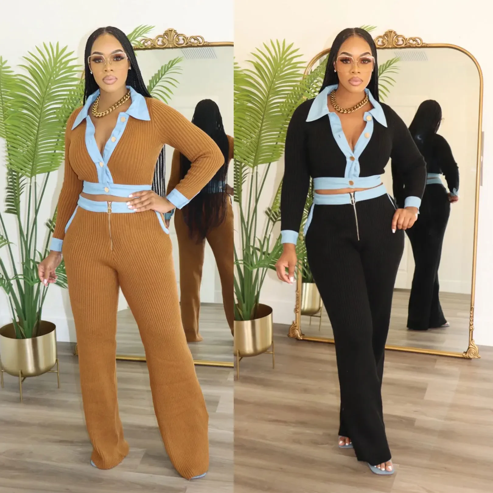 

Women's Set Knitted Long Sleeve Shirt+ Wide Leg Zip Pants 2024 Fitness Streetwear Two 2 Piece Sets Outfits Tracksuit