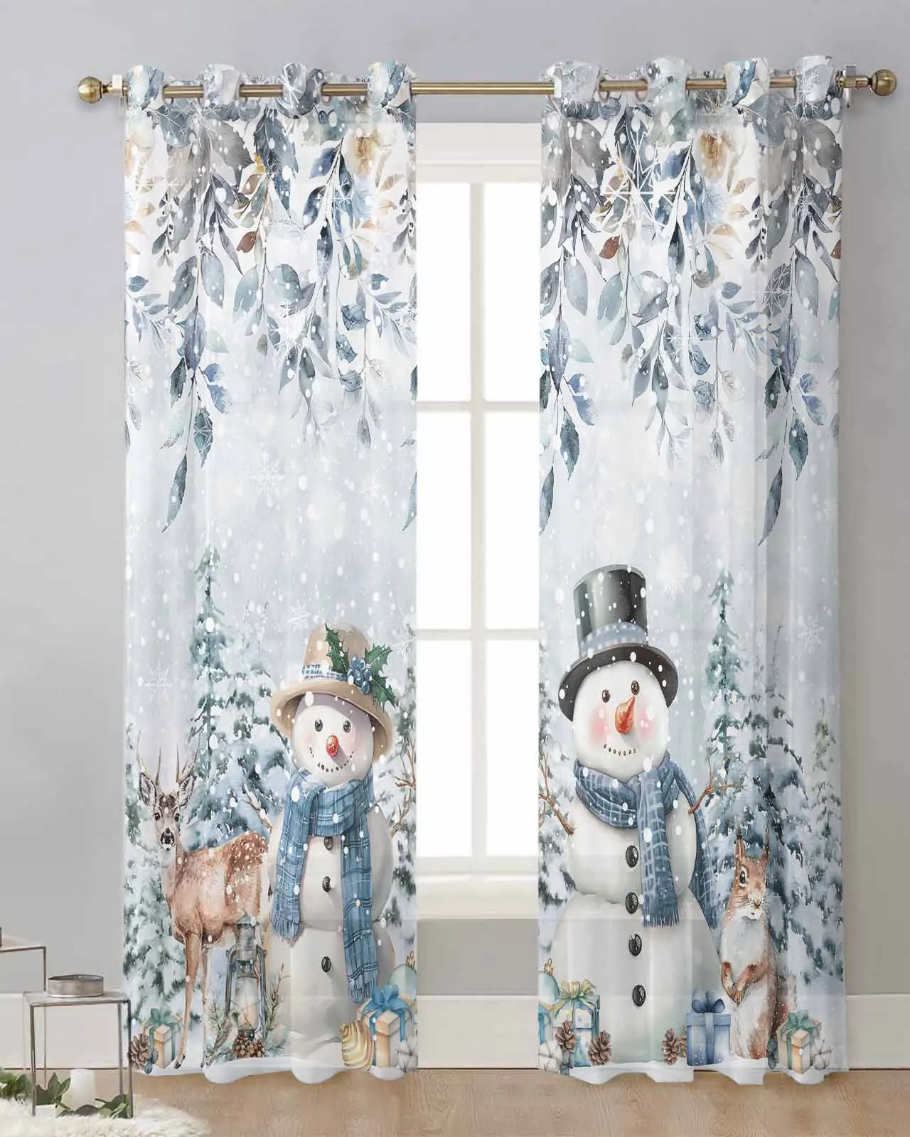 Christmas Leaves Flower Snowman Elk Squirrel Sheer Curtains for Living Room Printed Tulle Window Curtain Luxury Home Drapes