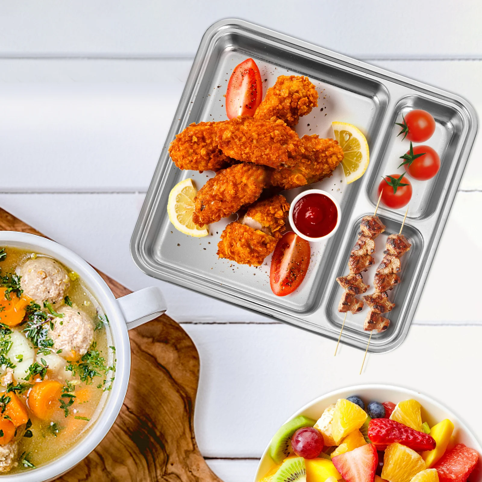 

1Pcs Stainless Steel Divided Plate Multi-Grids Food Serving Plate Breakfast Dining Tray Practical Household Tableware