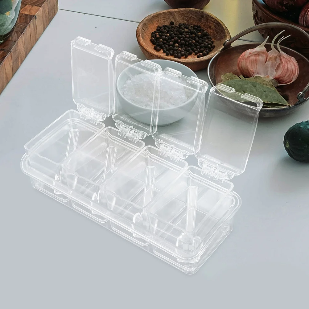 

2Sets Clear 4-Compartment Spice Box Set Transparent Seasoning Organizer Containers Lids Spoons Salt Sugar Pepper Condiment