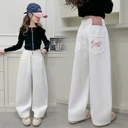 Children Vintage White Straight Jeans with Bows For Girls New Spring Slim Loose Denim Pants Kids Teenager Casual Jeans Trousers