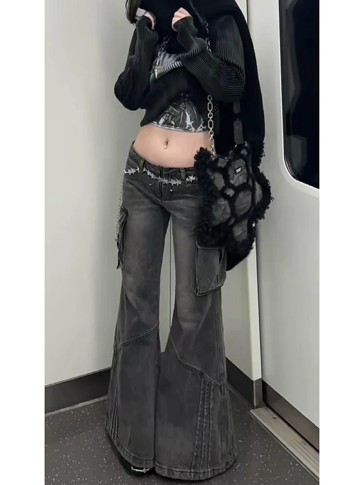 Woman Jeans Baggy Low Waist  Denim Pants Wide Leg Floor-Length Pockets With Belt Streetwear Design Baddie Style Dark Academia