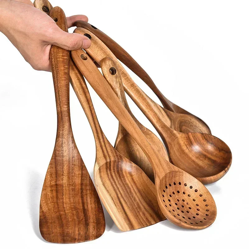 Wooden Kitchen Spoon Long Rice Colander Soup Skimmer Cooking Soup Spoons Scoop Kitchen Tool Thailand Teak Natural Wood