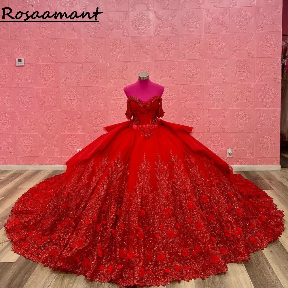 

Red Off The Shoulder Crystal Beading Quinceanera Dresses Ball Gown Sequined Appliques Lace Corset Vestidos De 15 Años