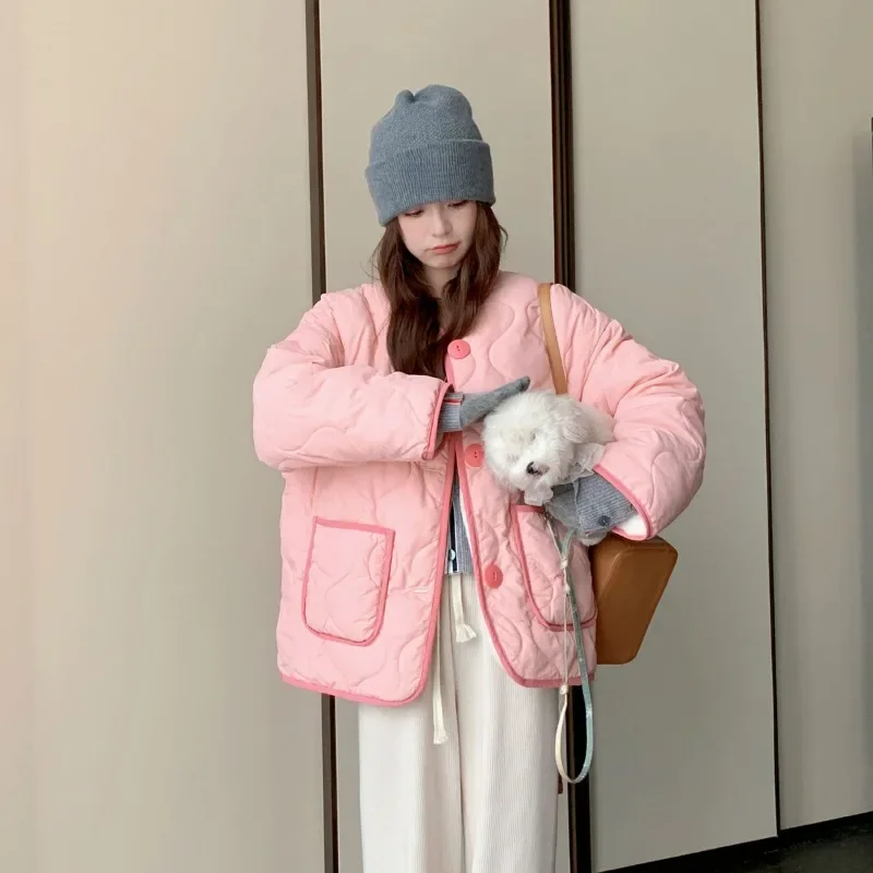 Korean Style Fashion Sweet Cute Pink Cotton Jacket Coats Women Winter Loose Casual Single Breasted Top Quilted Outerwear Coat