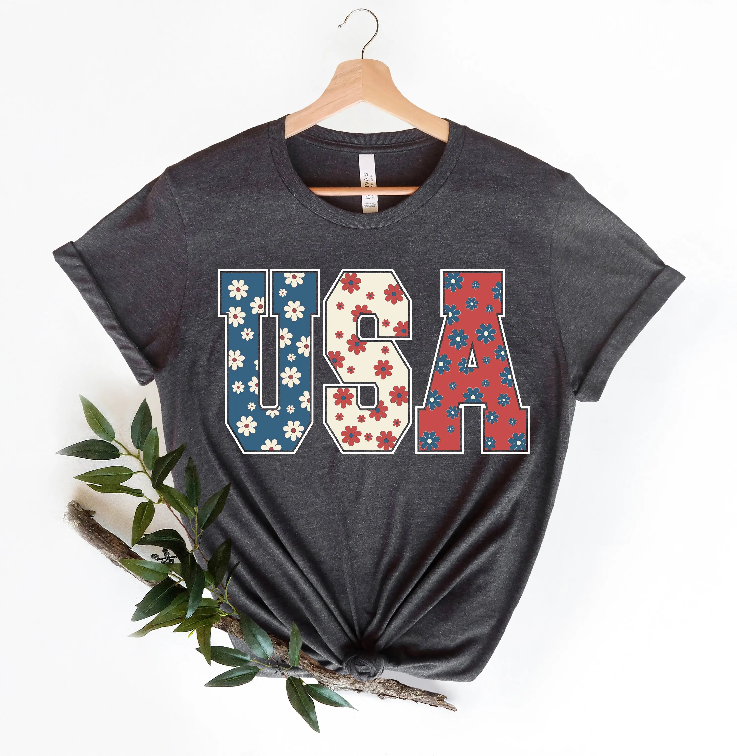 Retro Flower Usa T Shirt Memorial Day Independence Women 4Th Of July Freedom Patriotic For Mom