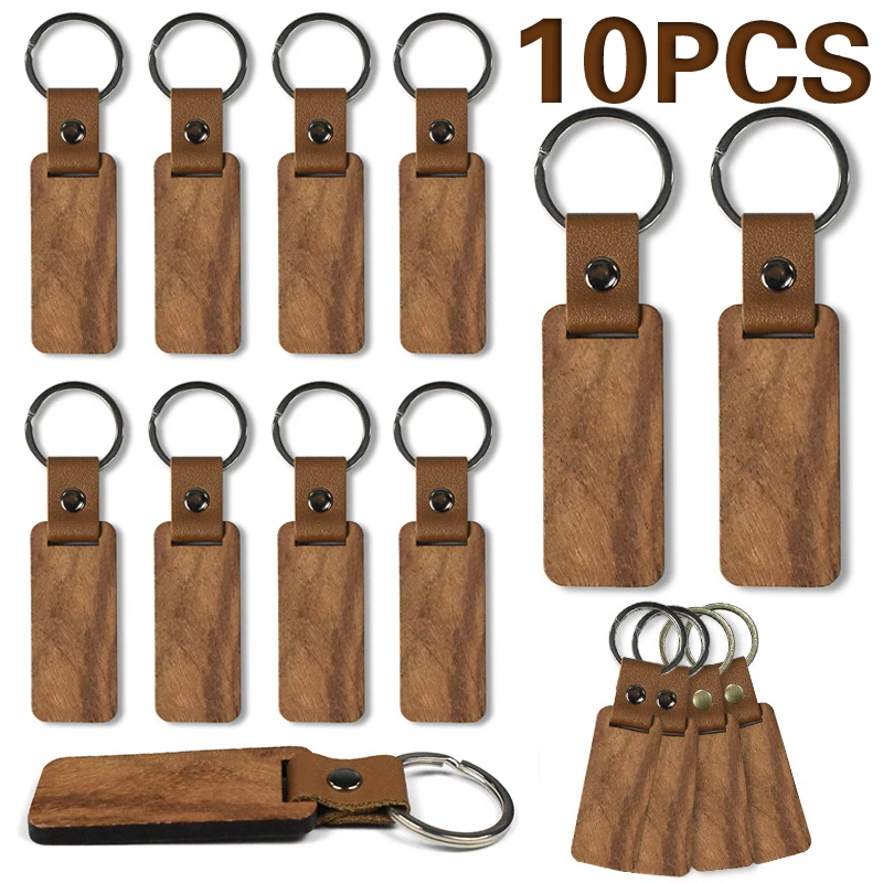 

10Pcs Rectangular Wood Keychains Blank PU Leather Keyrings Wood Pendant Key Chain