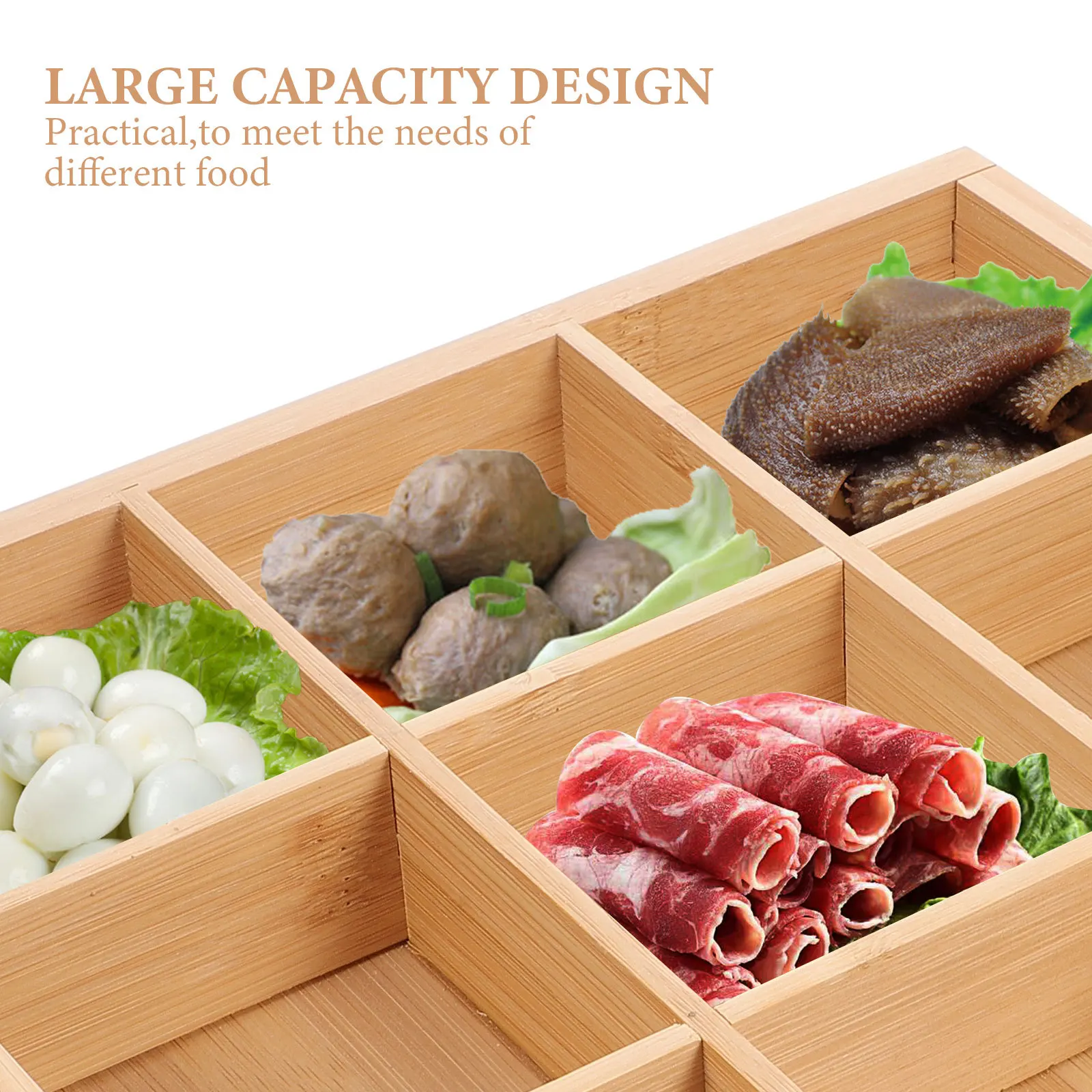 

1pcs Bamboo Serving Tray 6 Compartment Food Container For Hot Pot Snacks Vegetables Fruits Candy Kitchen Dining Ware
