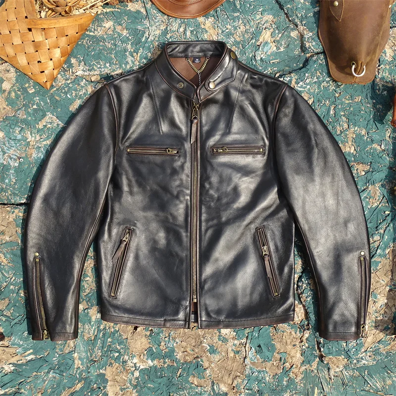 

Black Autumn Leather Jacket Men Vintage Style Plus Size 4XL Genuine Natural Horsehide Four Pockets Stand Collar Leather Coat