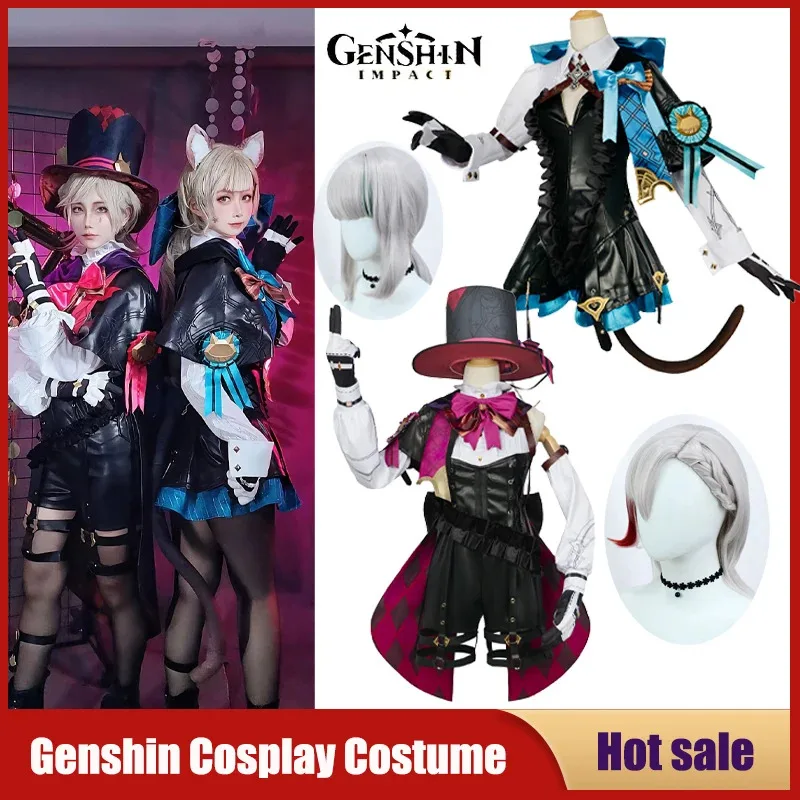 Anime jogo genshin impacto cosplay traje lyney lynette mágico uniforme de couro vestido peruca conjunto completo carnaval festa natal cos
