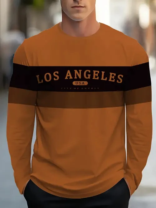 

Простая и стильная футболка с длинными рукавами и круглым вырезом с принтом, новый мужской повседневный топ на весну и лето 20л.