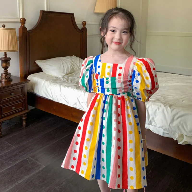 Summer Girls Colorful Dot Print Waist Puffy Dress Fashionable Square Neck Skin-friendly Breathable Girls Party Dress