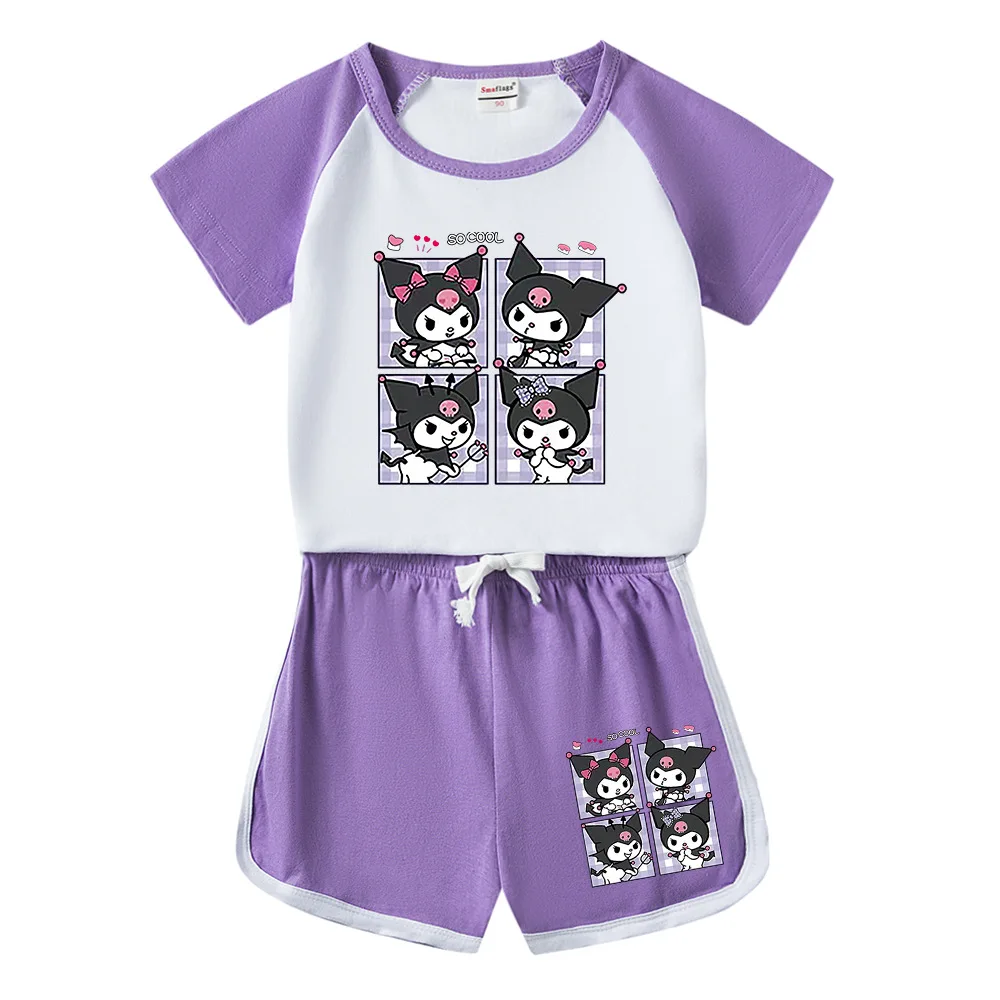 Traje Kawaii Sanrios Kuromi para niños y niñas, camiseta de dibujos animados de algodón, pantalones cortos de manga corta, conjunto de dos piezas, Tops de moda, regalo