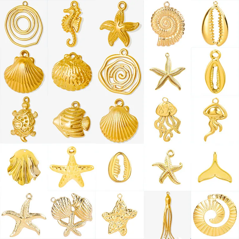 6Pcs/Lot Stainless Steel Marine Life Conch Shell Starfish Charms Sea Turtle Fish Hippocampus Mermaid Tail Pendant Jewelry Bulk