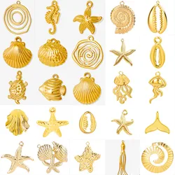 6Pcs/Lot Stainless Steel Marine Life Conch Shell Starfish Charms Sea Turtle Fish Hippocampus Mermaid Tail Pendant Jewelry Bulk