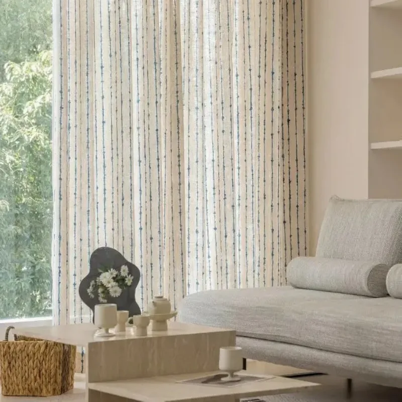 Blue Stripe Mediterranean Jacquard Cotton Linen Window Screen Bedroom Living Room Floor To Ceiling Study Customized Finished