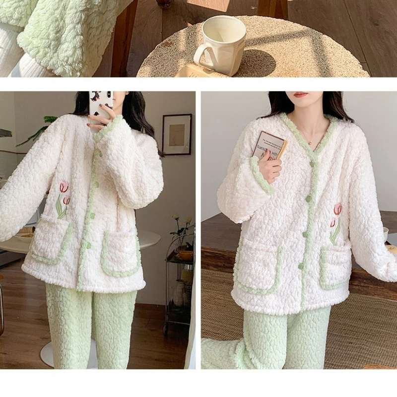 Pyjama Frauen Winter Nachtwäsche dickes Nachthemd warmer Korallen samt neue Home dressing Herbst Winter Flanell Home Wear Set